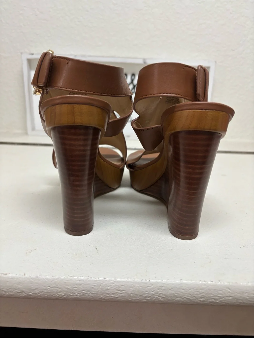 Michael Kors Tan Brown Leather Wedge Sandals